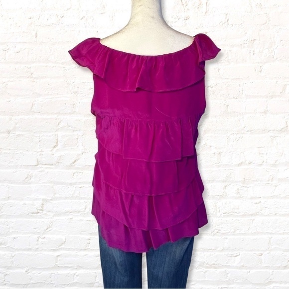 🎁 3 for $30 Bellatrix Fuchsia Silk Ruffled Top With Front Zipper - Picture 4 of 7